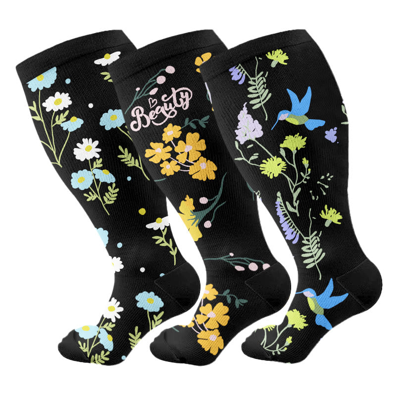 Plusock Plus Size Painted Flower Bird Compression Socks - image 4