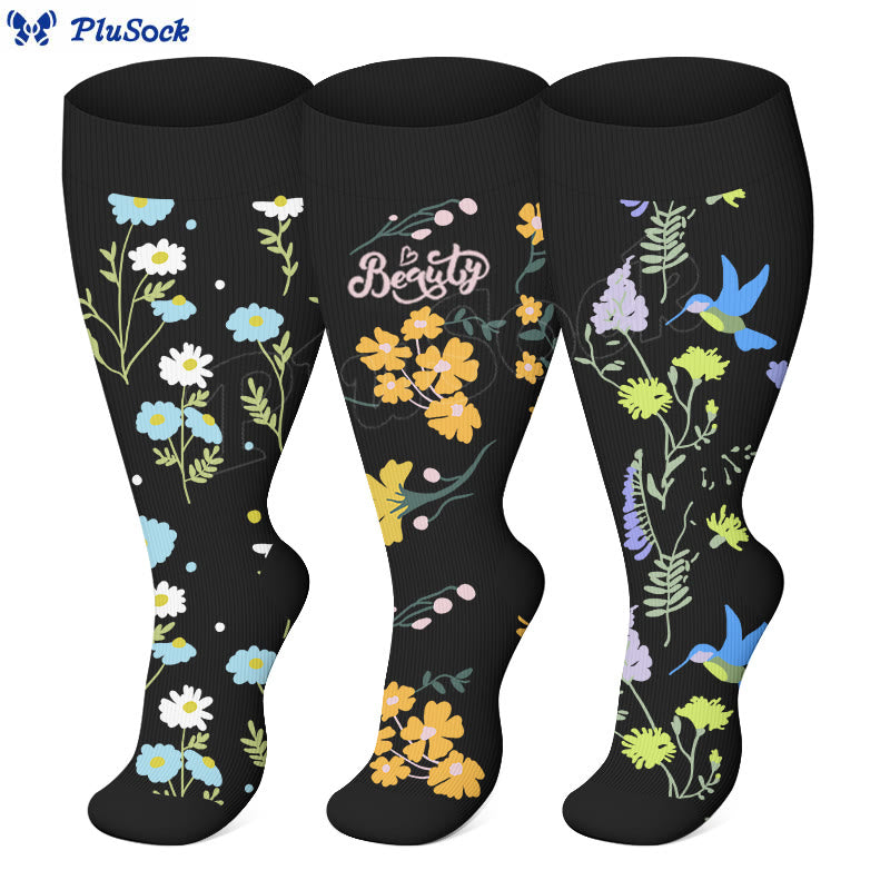 Plusock Plus Size Painted Flower Bird Compression Socks - image 0