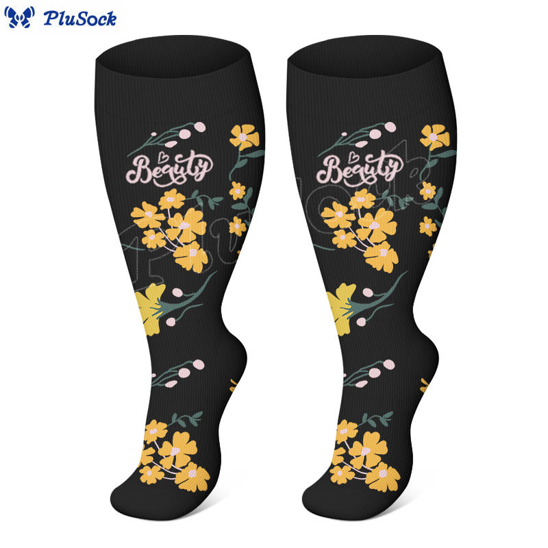 Plusock Plus Size Painted Flower Bird Compression Socks - image 2