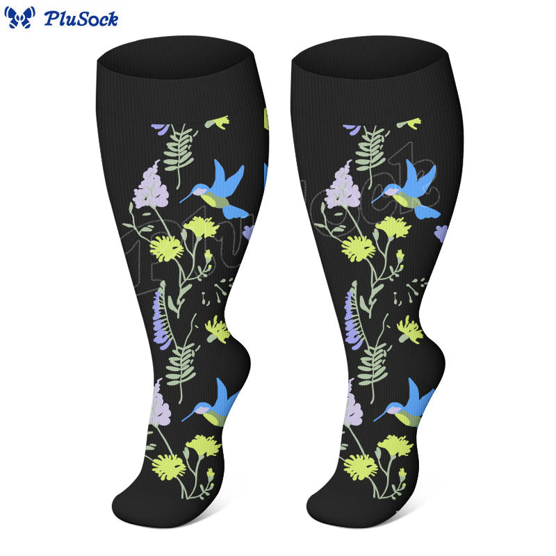 Plusock Plus Size Painted Flower Bird Compression Socks - image 3