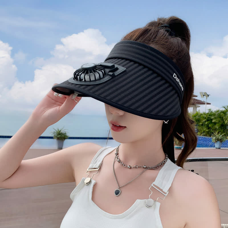 Plusock Striped Ribbon Rechargeable Fan Visor Sun Hat - Black - One Size - image 2