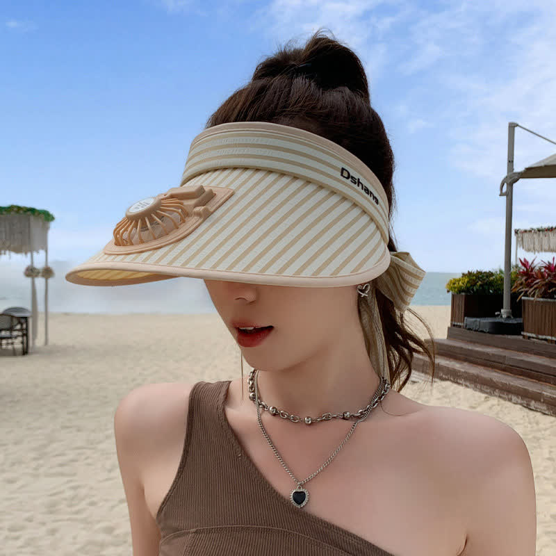Plusock Striped Ribbon Rechargeable Fan Visor Sun Hat - Khaki - One Size - image 0