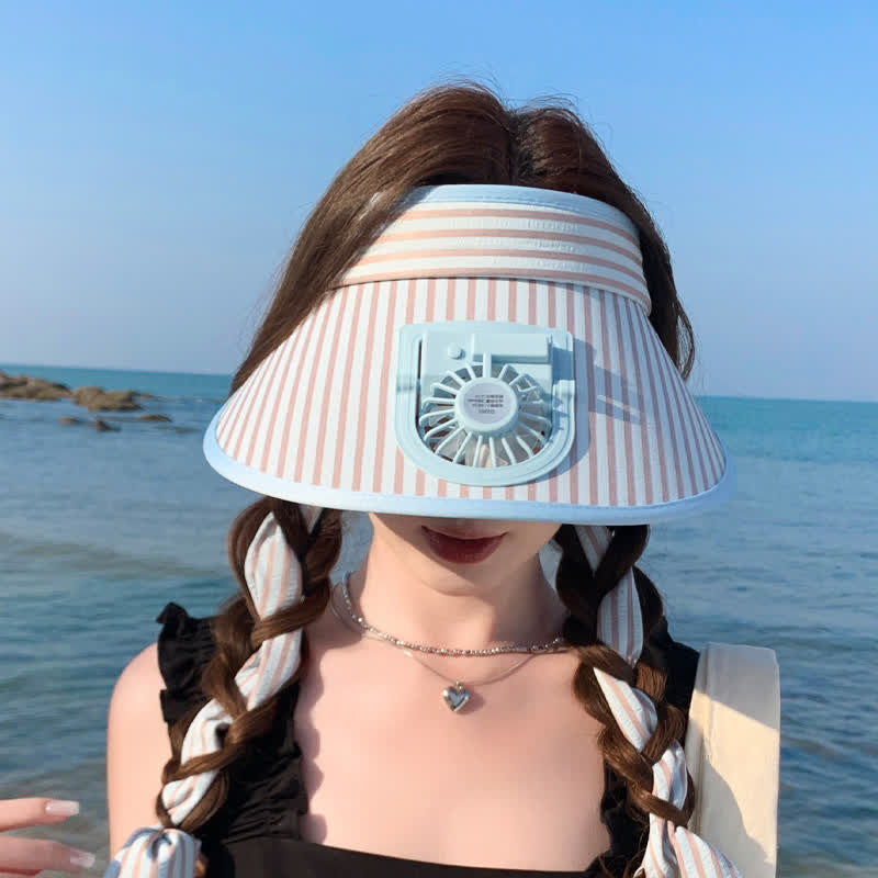 Striped Ribbon Rechargeable Fan Visor Sun Hat