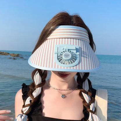 Striped Ribbon Rechargeable Fan Visor Sun Hat