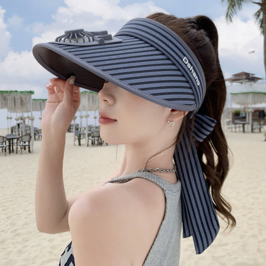Striped Ribbon Rechargeable Fan Visor Sun Hat