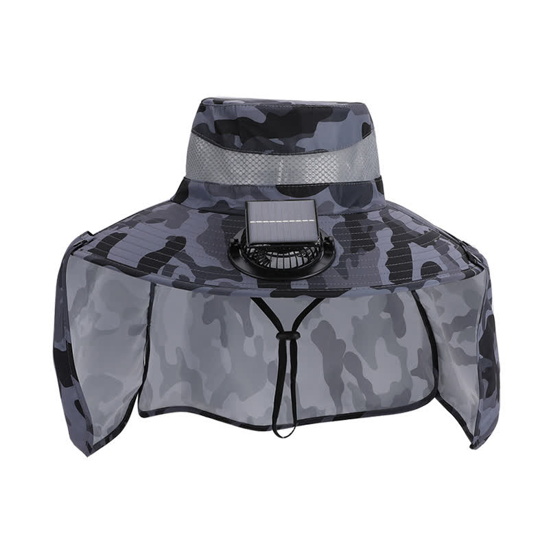 Camouflage Bucket Hat with Neck Flap and Rechargeable Fan(2 Packs)