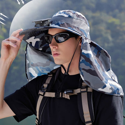 Camouflage Bucket Hat with Neck Flap and Rechargeable Fan(2 Packs)
