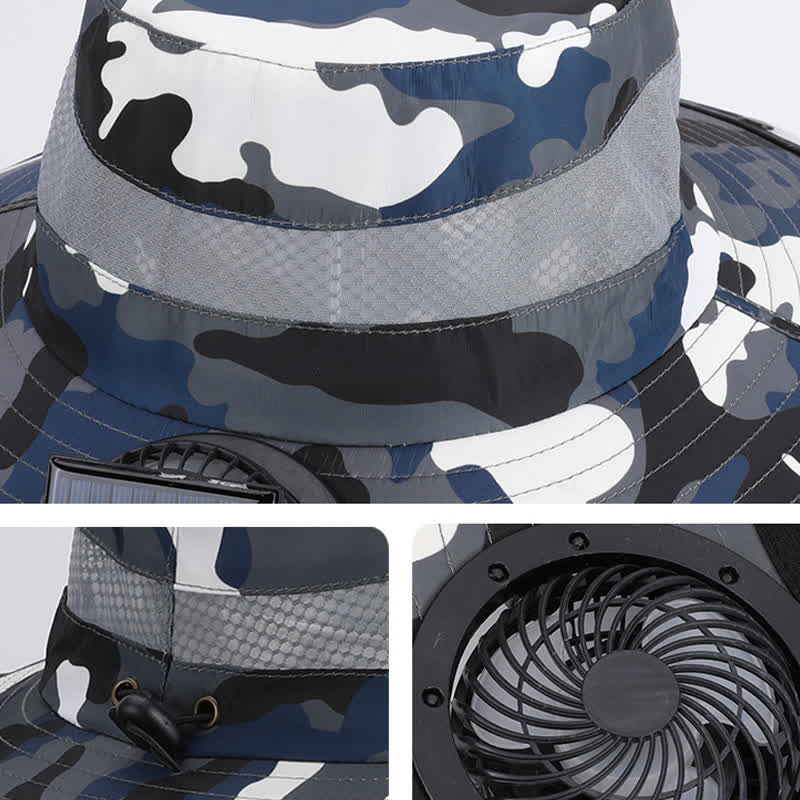 Camouflage Bucket Hat with Neck Flap and Rechargeable Fan(2 Packs)
