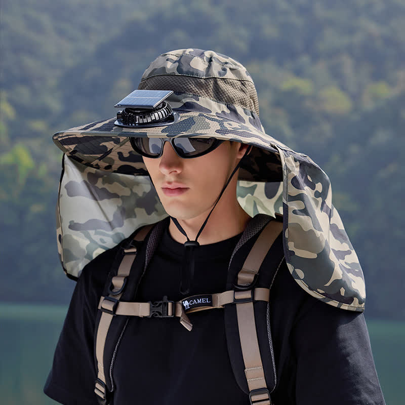 Camouflage Bucket Hat with Neck Flap and Rechargeable Fan(2 Packs)