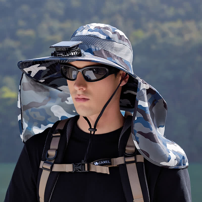 Plusock Camouflage Bucket Hat with Neck Flap and Rechargeable Fan - Blue - One Size - image 3