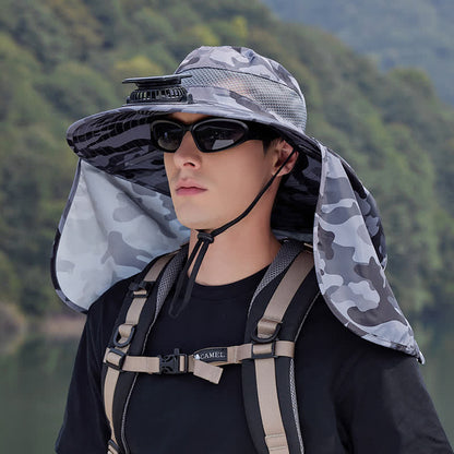 Camouflage Bucket Hat with Neck Flap and Rechargeable Fan(2 Packs)