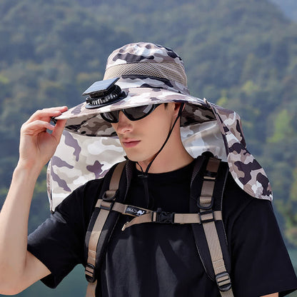 Camouflage Bucket Hat with Neck Flap and Rechargeable Fan(2 Packs)