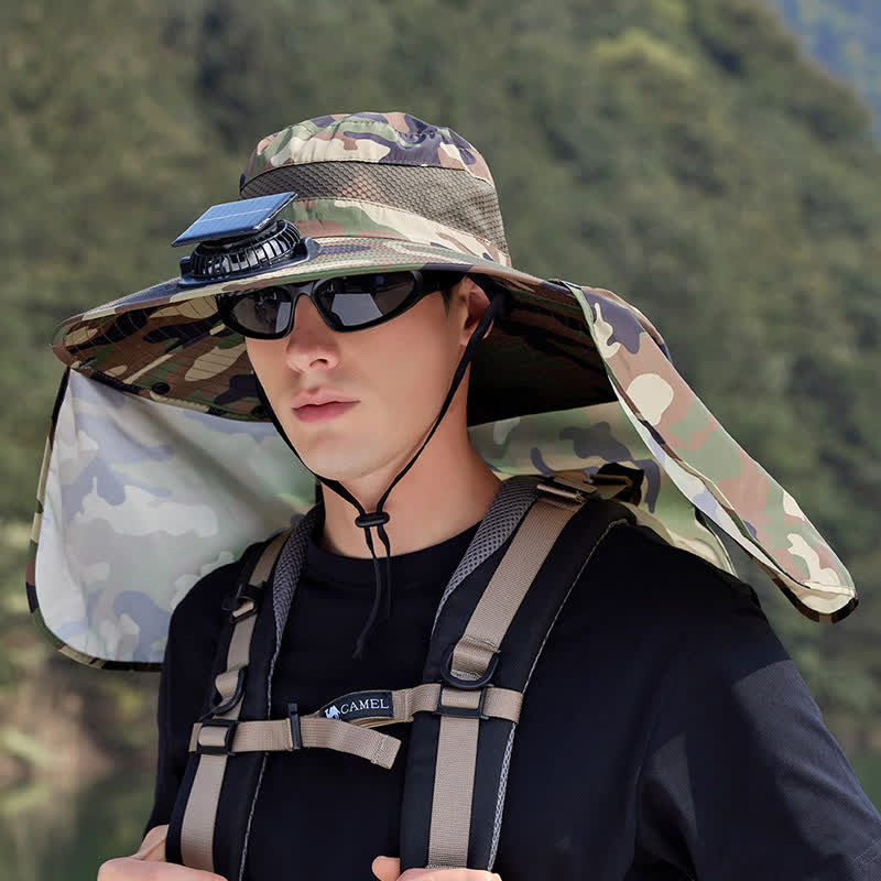 Plusock Camouflage Bucket Hat with Neck Flap and Rechargeable Fan - Army Green - One Size - image 4