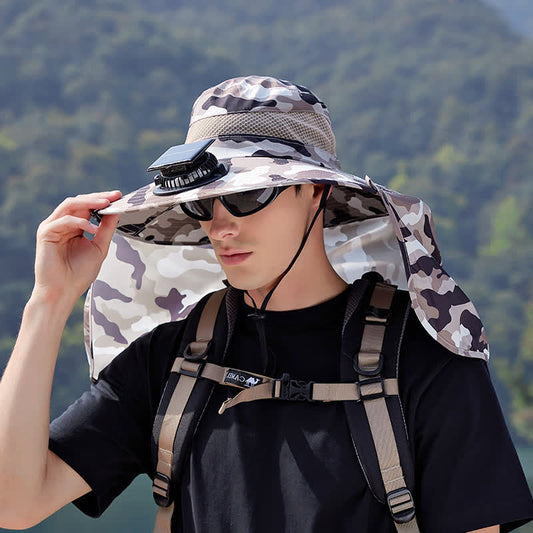 Plusock Camouflage Bucket Hat with Neck Flap and Rechargeable Fan - Beige - One Size - image 0