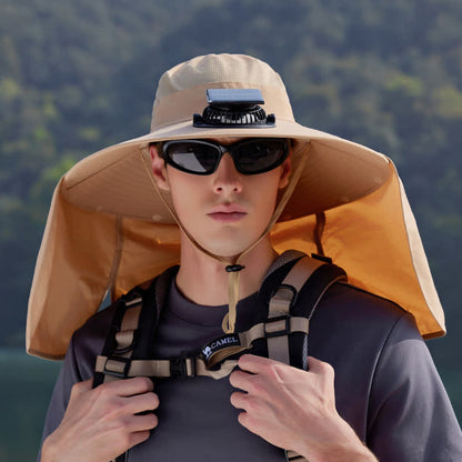 Plusock Outdoor Rechargeable Fan Bucket Hat with Neck Flap - Khaki - One Size - image 0
