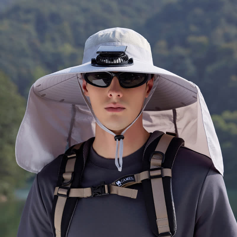 Plusock Outdoor Rechargeable Fan Bucket Hat with Neck Flap - Light Gray - One Size - image 9