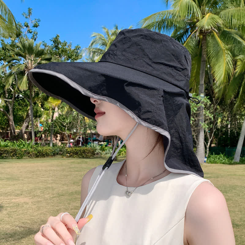 Plusock Wide Brim Sun Hat with Neck Flap - Black - One Size - image 3