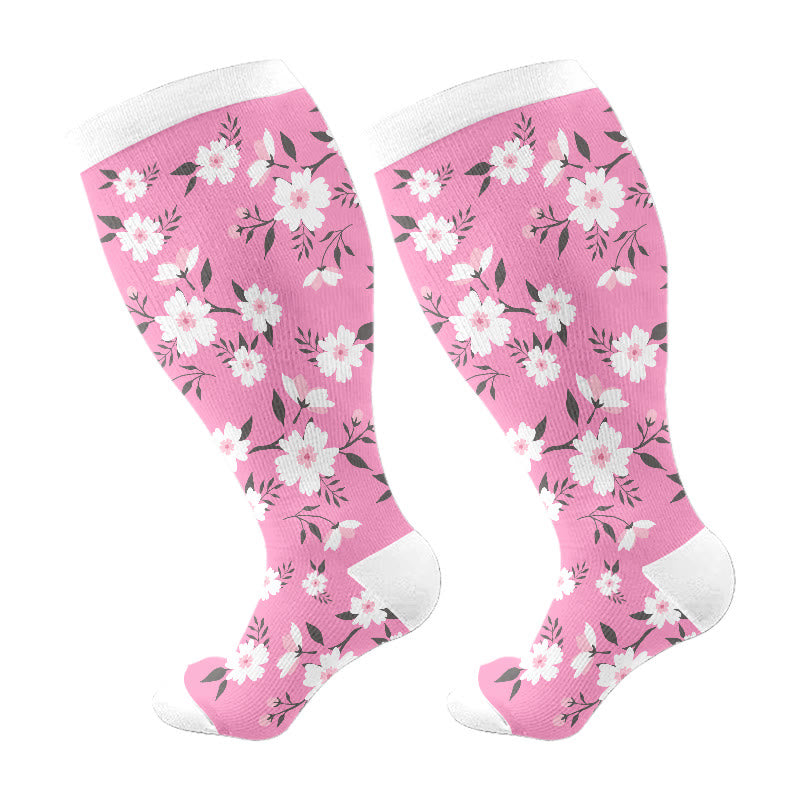 Plus Size Pink Flowers Compression Socks - Pink - 4XL - image 8