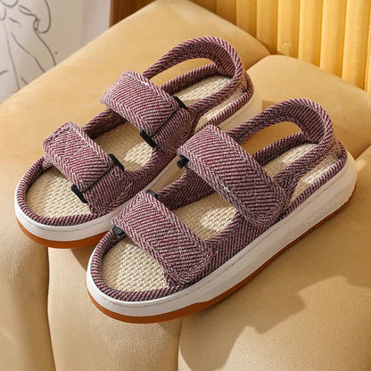 Plusock Breathable Non-Slip Linen Velcro Sandals - Wine - EU43-44(US7.5-8.5) - image 4