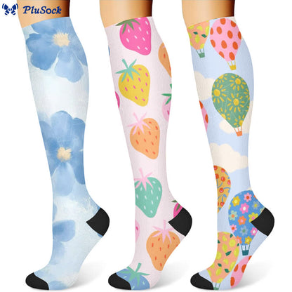 Floral Strawberry Hot Air Balloon Print Compression Socks(3 Pairs)
