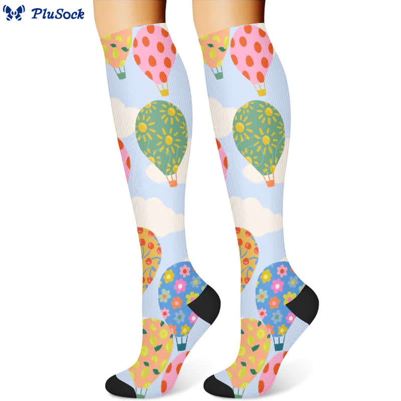 Floral Strawberry Hot Air Balloon Print Compression Socks(3 Pairs)