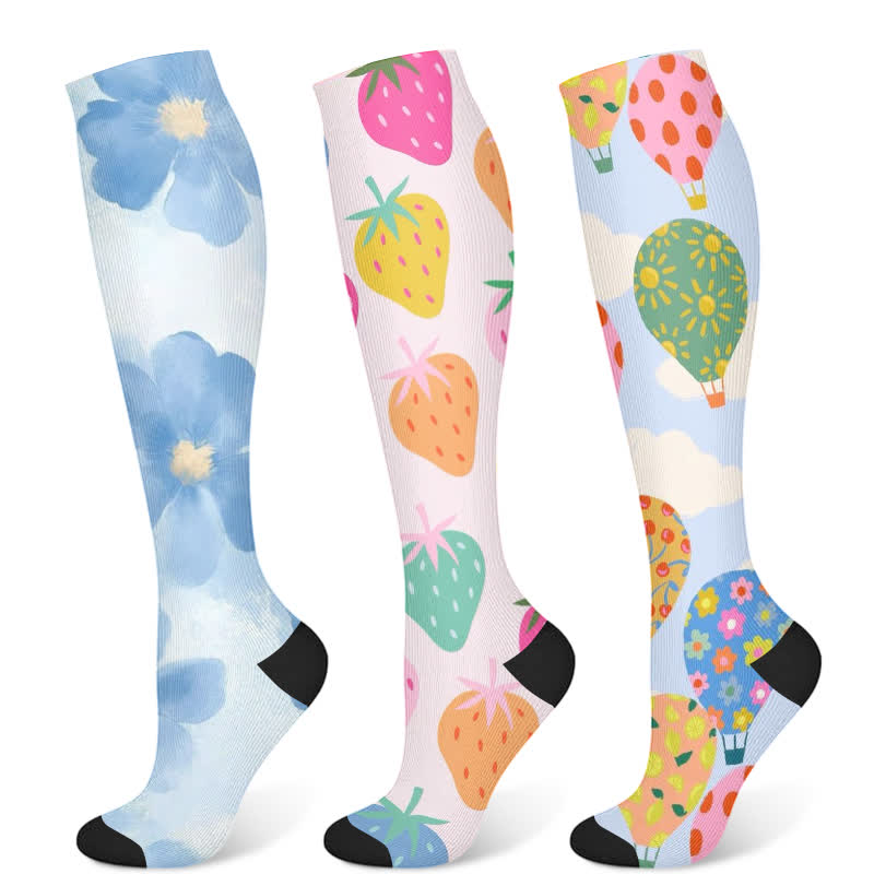 Floral Strawberry Hot Air Balloon Print Compression Socks(3 Pairs)