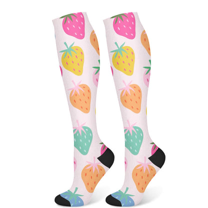 Floral Strawberry Hot Air Balloon Print Compression Socks(3 Pairs)