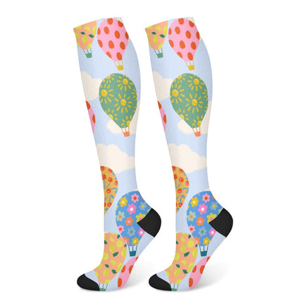 Floral Strawberry Hot Air Balloon Print Compression Socks(3 Pairs)