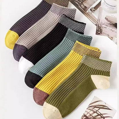 Breathable Bamboo Fiber Ankle Socks with Checkered Cuffs(5 Pairs)