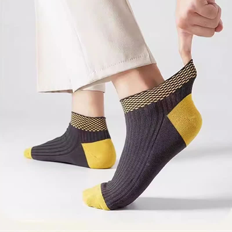 Breathable Bamboo Fiber Ankle Socks with Checkered Cuffs(5 Pairs)