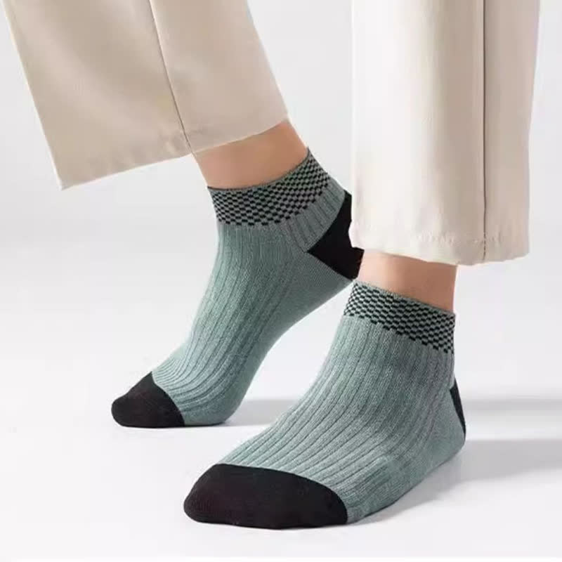 Breathable Bamboo Fiber Ankle Socks with Checkered Cuffs(5 Pairs)