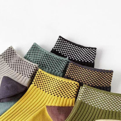 Breathable Bamboo Fiber Ankle Socks with Checkered Cuffs(5 Pairs)