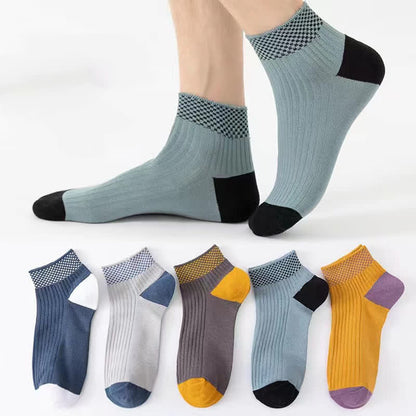 Breathable Bamboo Fiber Ankle Socks with Checkered Cuffs(5 Pairs)