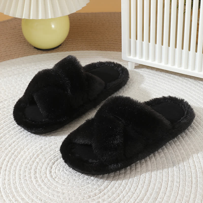 Plusock Plus Size Solid Color Fuzzy Cross Band Slippers
