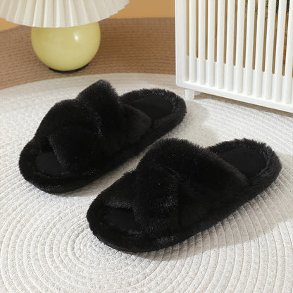 Plusock Plus Size Solid Color Fuzzy Cross Band Slippers