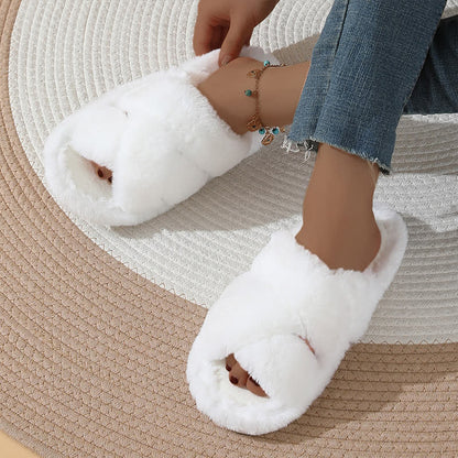 Plusock Plus Size Solid Color Fuzzy Cross Band Slippers