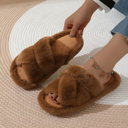 Plusock Plus Size Solid Color Fuzzy Cross Band Slippers