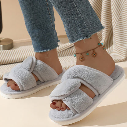 Plusock Plus Size Non-slip Plush Cross Band Slippers