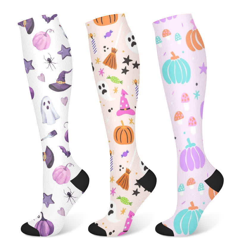 Halloween Ghost Pumpkin Print Compression Socks(3 Pairs)