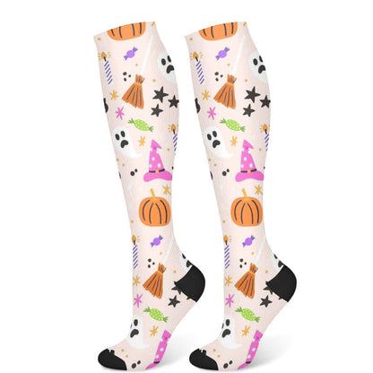 Halloween Ghost Pumpkin Print Compression Socks(3 Pairs)