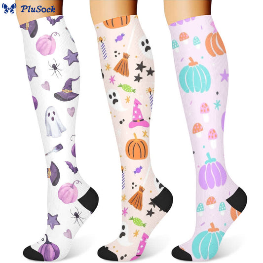 Halloween Ghost Pumpkin Print Compression Socks(3 Pairs)