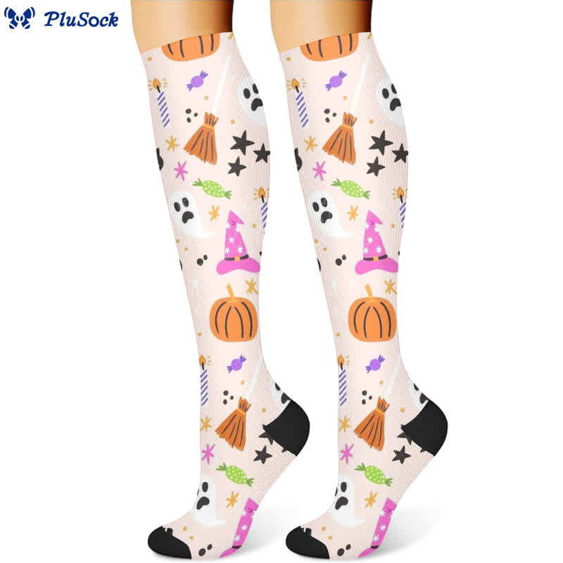 Halloween Ghost Pumpkin Print Compression Socks(3 Pairs)