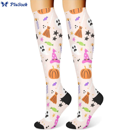 Halloween Ghost Pumpkin Print Compression Socks(3 Pairs)