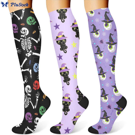 Halloween Skull Cat Eyeball Print Compression Socks(3 Pairs)