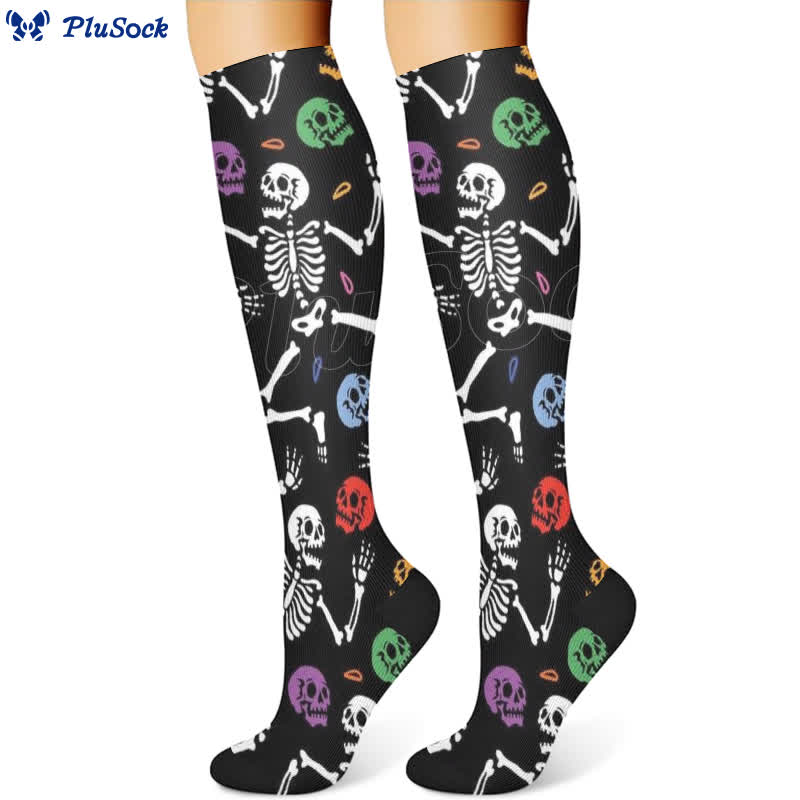 Halloween Skull Cat Eyeball Print Compression Socks(3 Pairs)