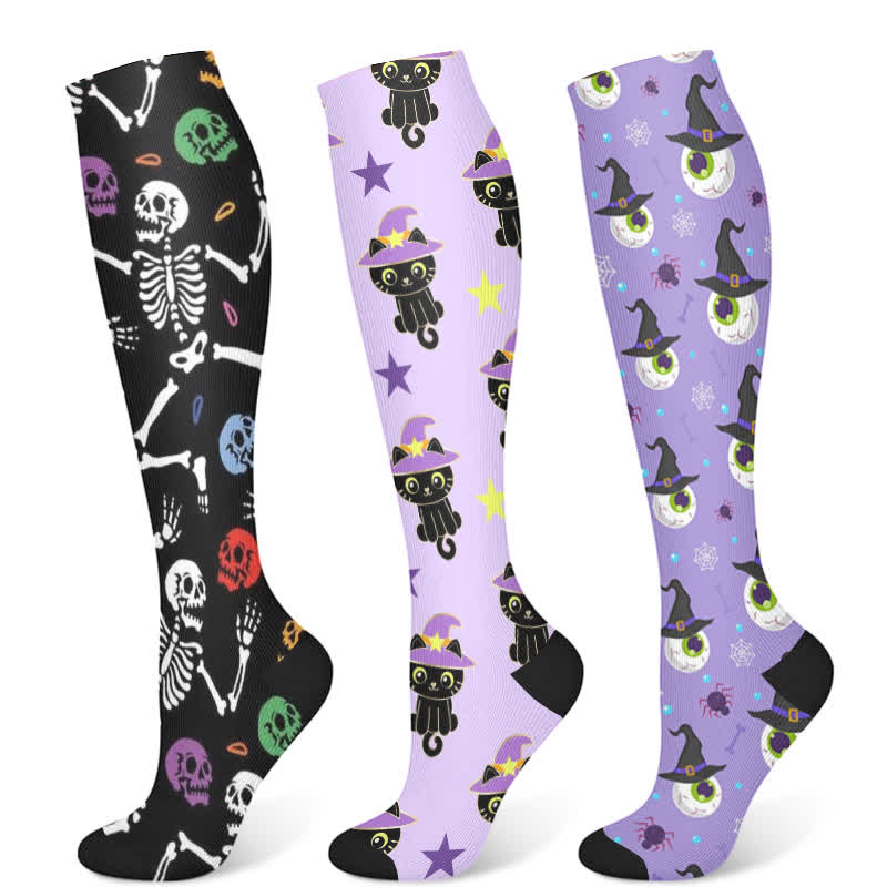 Halloween Skull Cat Eyeball Print Compression Socks(3 Pairs)