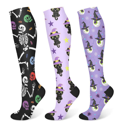 Halloween Skull Cat Eyeball Print Compression Socks(3 Pairs)
