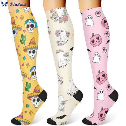 Halloween Ghost Floral Compression Socks(3 Pairs)