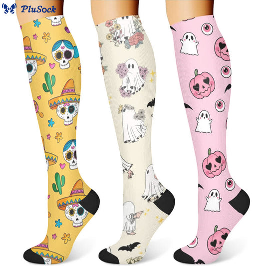Halloween Ghost Floral Compression Socks(3 Pairs)