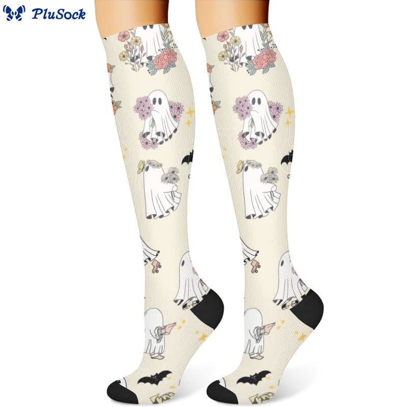 Halloween Ghost Floral Compression Socks(3 Pairs)